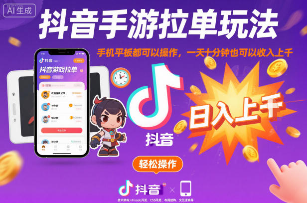 抖音手游拉单玩法,手机平板都可以操作,一天十分钟也可以收入上K【揭秘】-爱找项目网