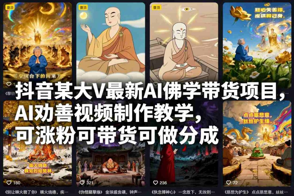 抖音某大V最新AI佛学带货项目，AI劝善视频制作教学，可涨粉可带货可做分成-爱找项目网