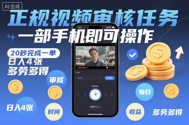 正规视频审核任务,一部手机即可操作,20秒完成一单,日入4张,多劳多得【揭秘】-爱找项目网