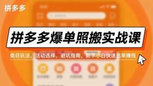 拼多多爆单照搬实战课，类目玩法、活动选择、避坑指南，新手小白快速出单赚钱-爱找项目网