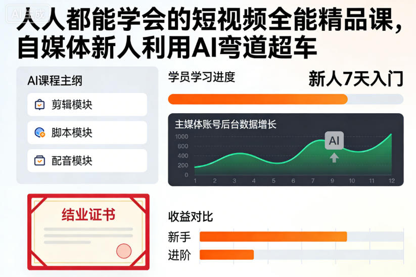 人人都能学会的短视频全能精品课,自媒体新人利用AI弯道超车-爱找项目网