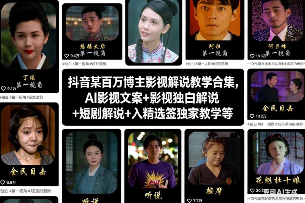 抖音某百万博主影视解说教学合集,AI影视文案+影视独白解说+短剧解说+入精选签独家教学等-爱找项目网