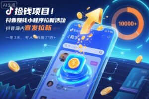 捡钱项目！抖音賺钱小程序拉新活动，抖音端内宣发拉新，一单3米，有人半个月搞了1W+-爱找项目网