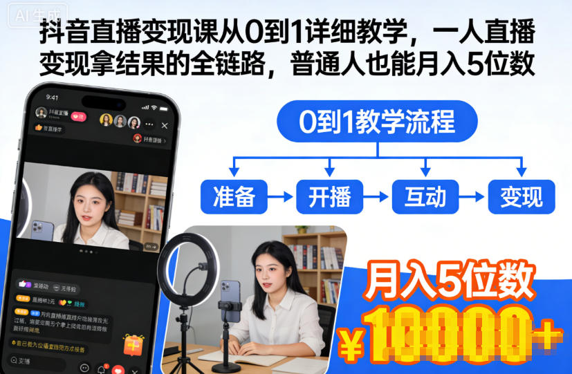 抖音直播变现课从0到1详细教学,一人直播变现拿结果的全链路,普通人也能月入5位数-爱找项目网