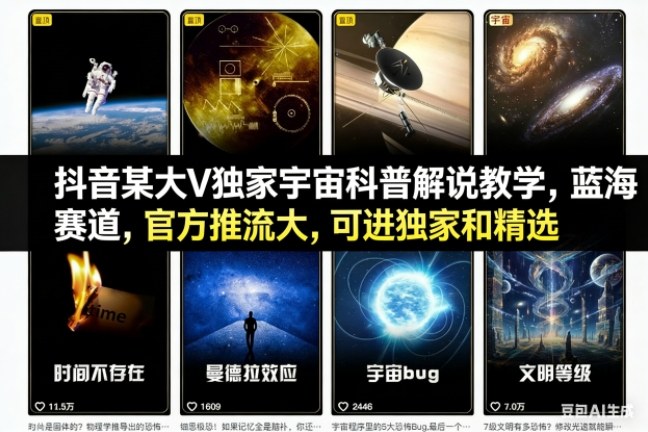 抖音某大V独家宇宙科普解说教学,蓝海赛道,官方推流大,可进独家和精选-爱找项目网