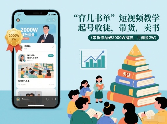 育儿书单短视频教学，起号收徒，带货，卖书(带货作品破2000W播放，月佣金2W)-爱找项目网