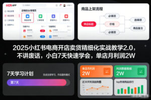 2025小红书电商开店卖货精细化实战教学2.0，不讲废话，小白7天快速学会，单店月利润2W-爱找项目网