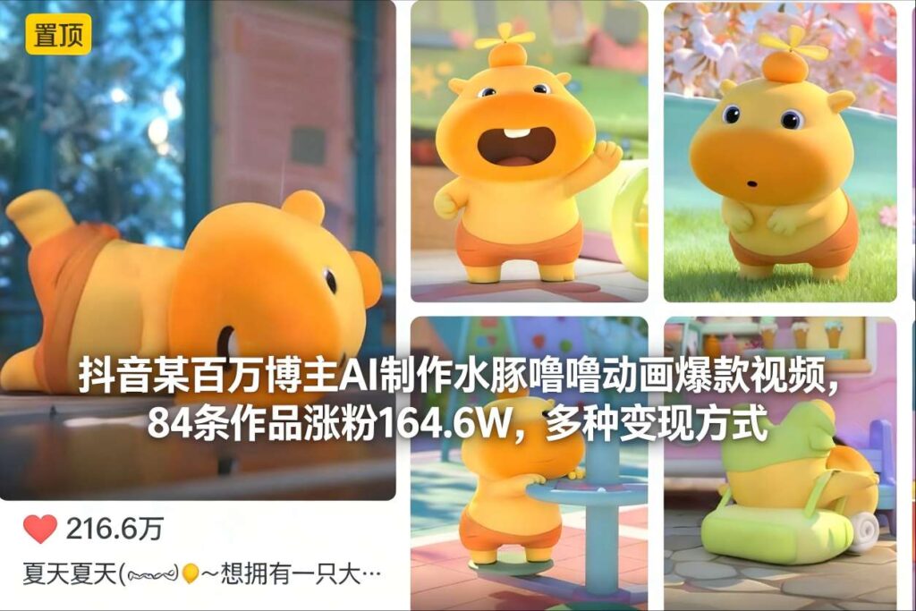 抖音某百万博主AI制作水豚噜噜动画爆款视频，84条作品涨粉164.6W，多种变现方式-爱找项目网