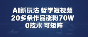 AI新玩法哲学短视频制作教学，20多条作品涨粉70W，0成本赛道，可矩阵-爱找项目网