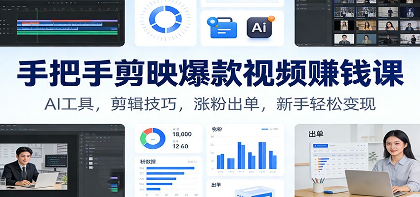 手把手剪映爆款视频赚钱课：AI工具，剪辑技巧，涨粉出单，新手轻松变现-爱找项目网