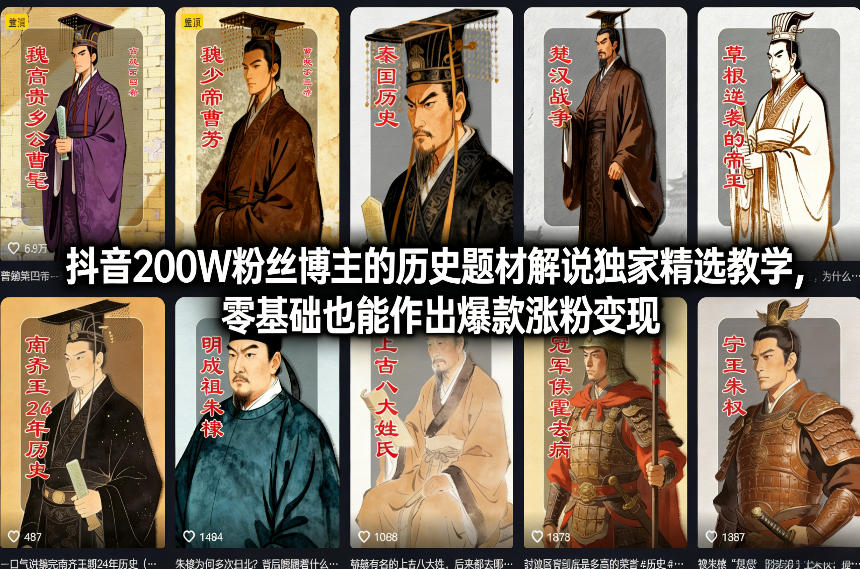 抖音200W粉丝博主的历史题材解说独家精选教学，零基础也能作出爆款涨粉变现-爱找项目网