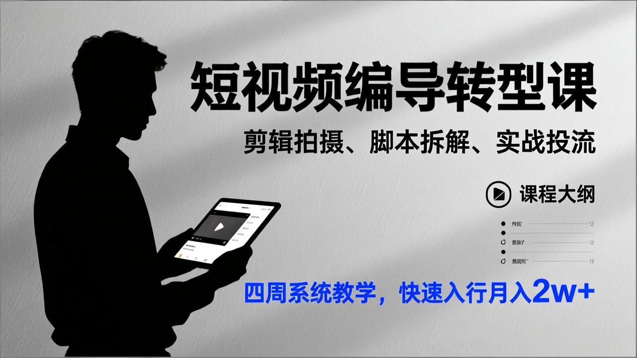 短视频编导转型课，剪辑拍摄、脚本拆解、实战投流，四周系统教学，快速入行月入2w+-爱找项目网