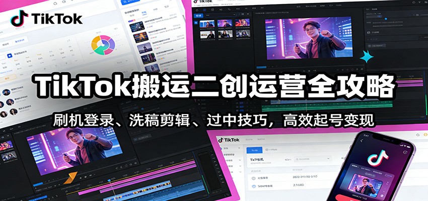 TikTok搬运二创运营全攻略：刷机登录、洗稿剪辑 、过中技巧，高效起号变现-爱找项目网