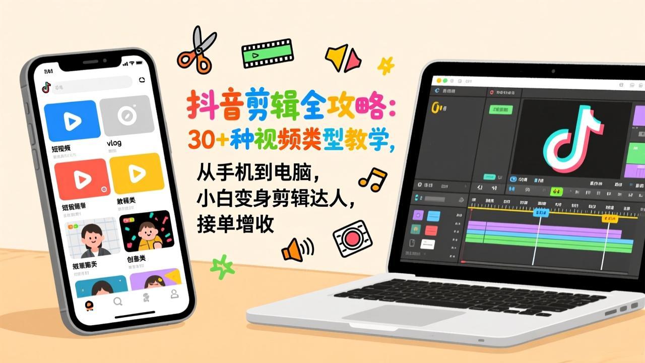 抖音剪辑全攻略：30+种视频类型教学，从手机到电脑，小白变身剪辑达人，接单增收-爱找项目网