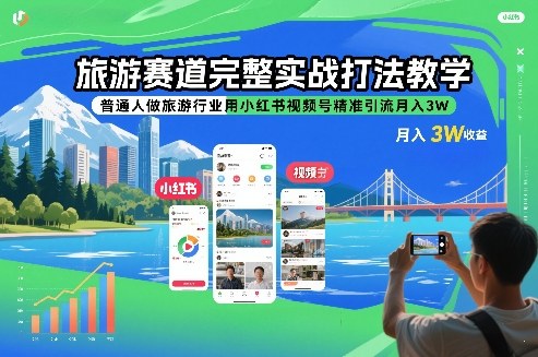 旅游赛道完整实战打法教学，普通人做旅游行业用小红书视频号精准引流月入3W-爱找项目网
