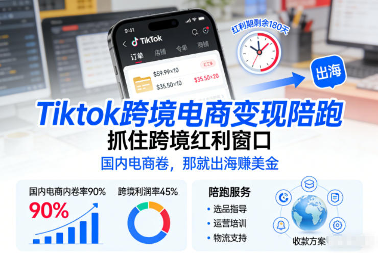 Tiktok跨境电商变现陪跑，抓住跨境红利窗口，国内电商卷，那就出海賺美金-爱找项目网