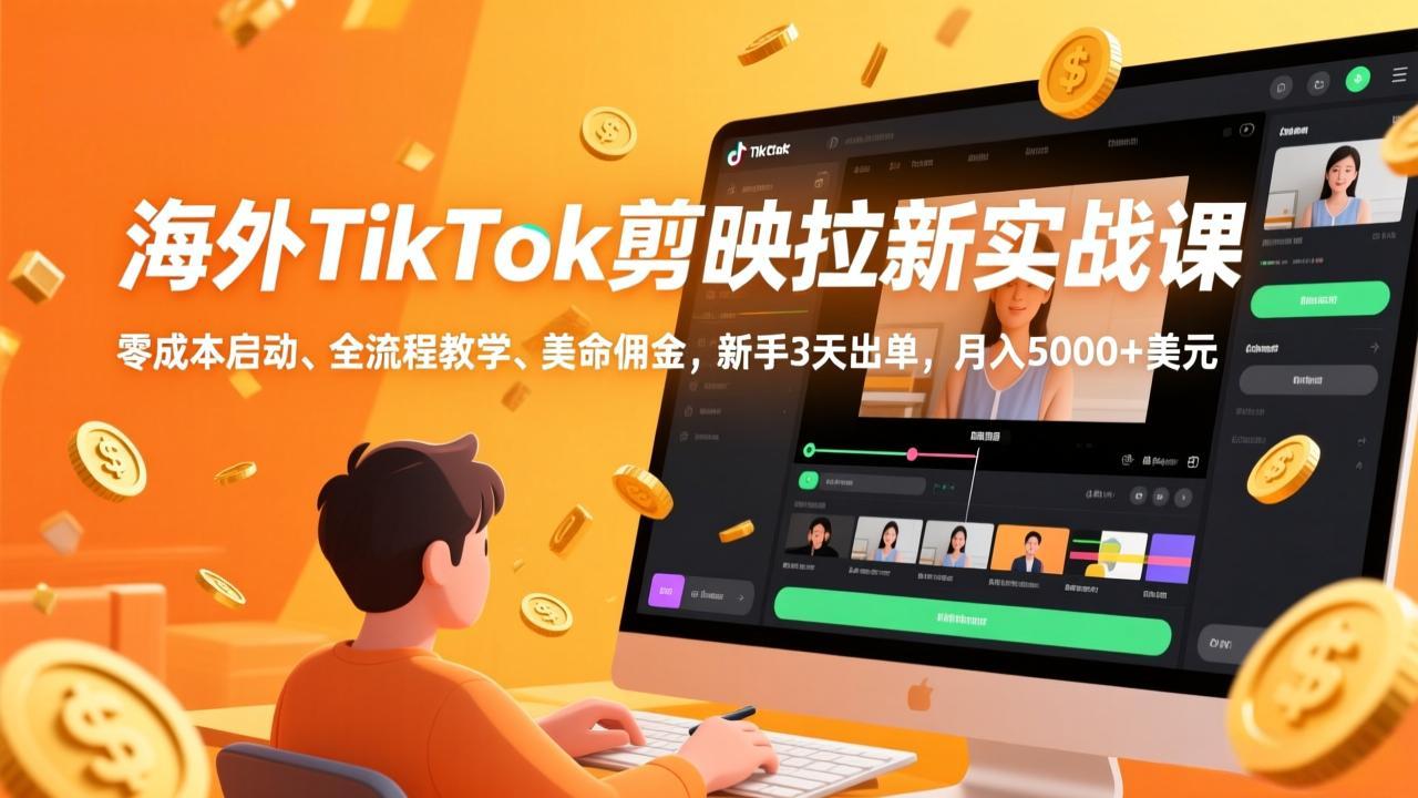 海外TikTok剪映拉新实战课，零成本启动、全流程教学、美金佣金，新手3天出单，月入5000+美元-爱找项目网