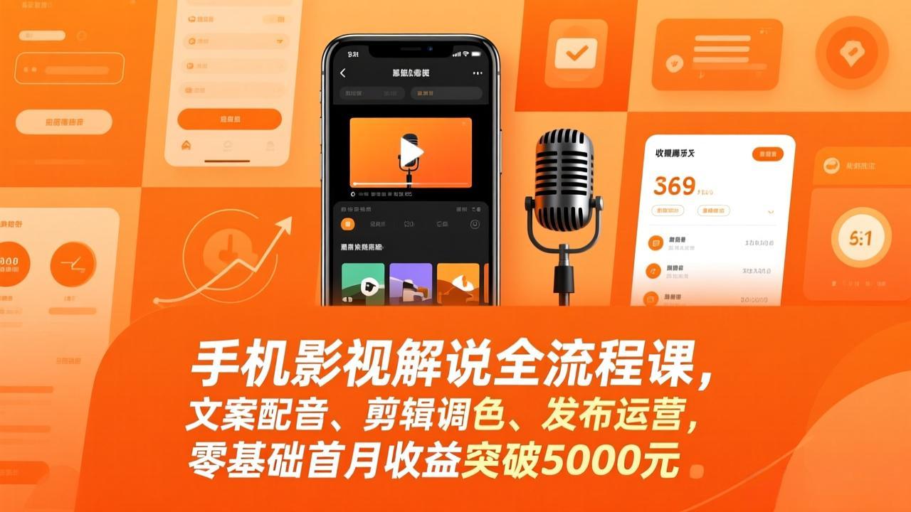 手机影视解说全流程课，文案配音、剪辑调色、发布运营，零基础首月收益突破5000元-爱找项目网