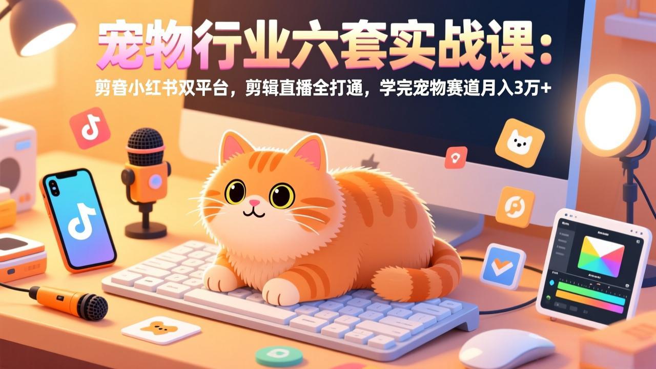宠物行业六套实战课：抖音小红书双平台，剪辑直播全打通，学完宠物赛道月入3万+-爱找项目网
