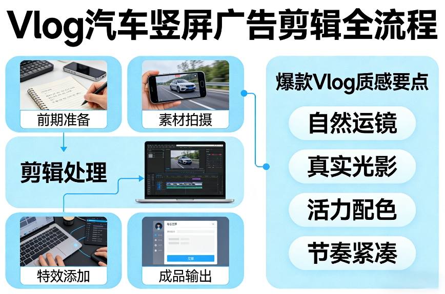 Vlog感觉汽车竖屏广告剪辑脚本全流程，拿捏爆款Vlog质感-爱找项目网