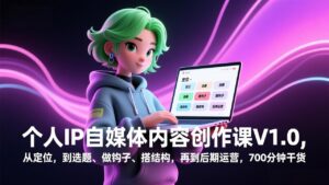 个人IP自媒体内容创作课V1.0，从定位，到选题、做钩子、搭结构，再到后期运营，700分钟干货-爱找项目网
