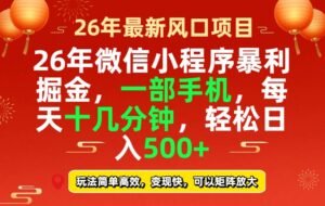 26年微信小程序最暴利玩法，每天十几分钟，稳稳日入500+-爱找项目网