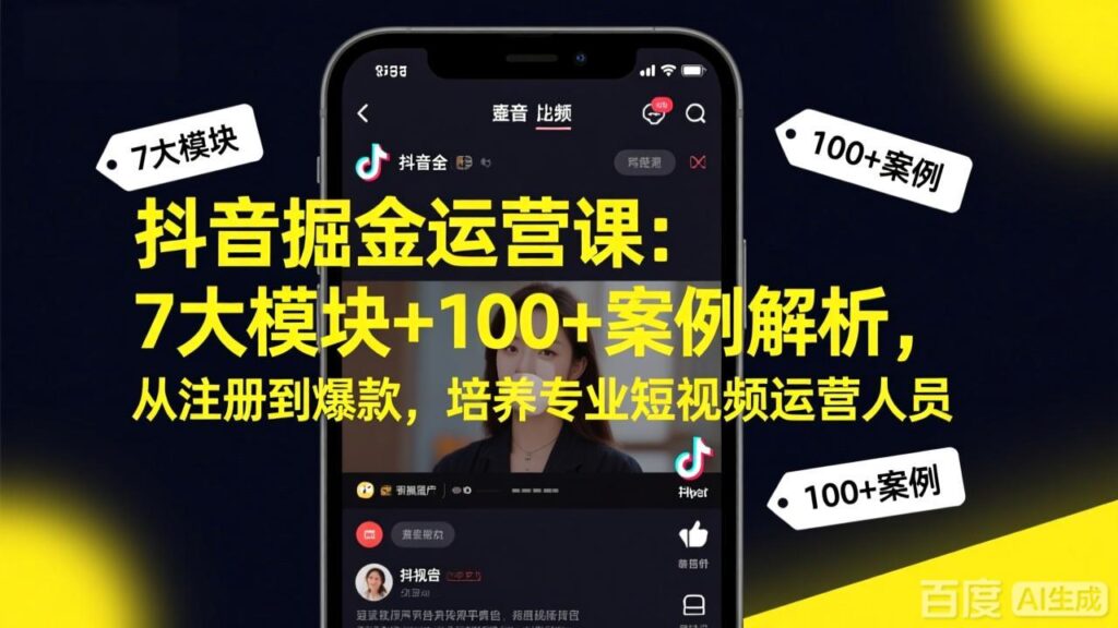 抖音掘金运营课:7大模块+100+案例解析,从注册到爆款,培养专业短视频运营人员-爱找项目网