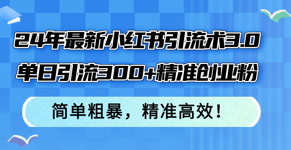 24年最新小红书引流术3.0，单日引流300+精准创业粉，简单粗暴，精准高效！-爱找项目网