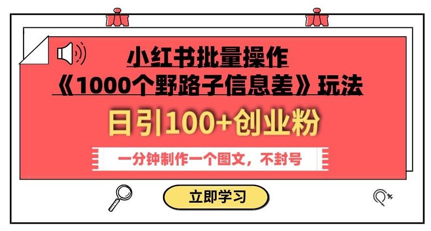 小红书批量操作《1000个野路子信息差》玩法，一分钟制作一个图文，不封号，日引100+创业粉-爱找项目网