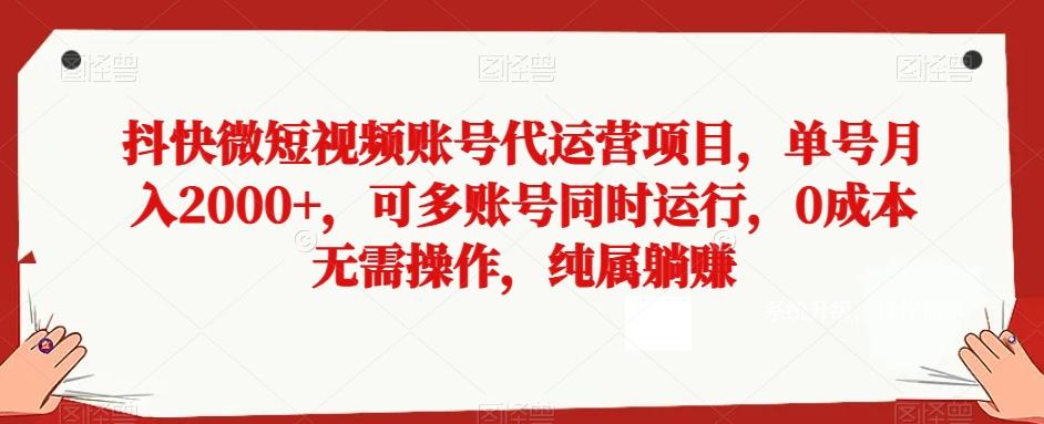 抖快微短视频账号代运营项目，单号月入2000+，可多账号同时运行，0成本无需操作，纯属躺赚【揭秘】-爱找项目网