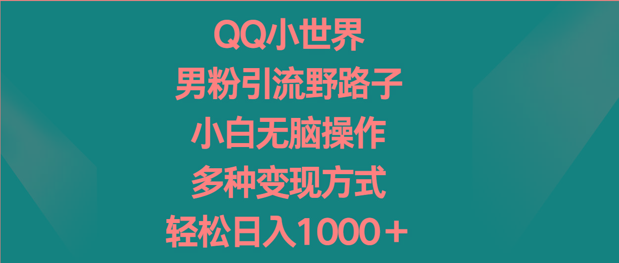 QQ小世界男粉引流野路子，小白无脑操作，多种变现方式轻松日入1000＋-爱找项目网