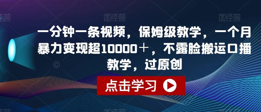 一分钟一条视频，保姆级教学，一个月暴力变现超10000＋，不露脸搬运口播教学，过原创-爱找项目网
