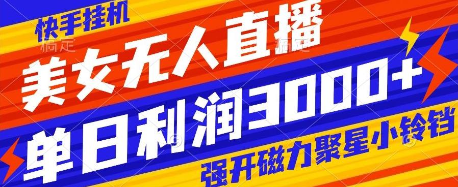 快手挂机，美女无人直播，强开磁力聚星小铃铛，日入3000+-爱找项目网