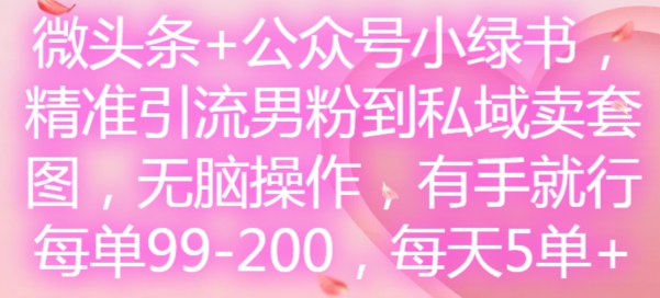 微头条+公众号小绿书，精准引流男粉到私域卖套图，无脑操作，有手就行，每单99-200，每天5单-爱找项目网